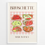 Ladda upp bild till gallerivisning, Italian bruschetta poster with six watercolor toasts featuring tomato, avocado, salmon, and shrimp toppings on a pink checkered tablecloth background, titled “Made in Italy.”
