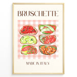 Ladda upp bild till gallerivisning, Italian bruschetta poster with six watercolor toasts featuring tomato, avocado, salmon, and shrimp toppings on a pink checkered tablecloth background, titled “Made in Italy.”
