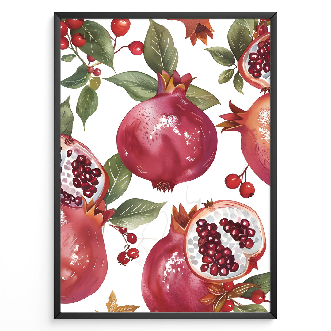 Vibrant pomegranate poster with red pomegranates, open fruits showing seeds, and green leaves on a white background, framed in black for modern kitchen or dining wall décor.