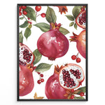 Ladda upp bild till gallerivisning, Vibrant pomegranate poster with red pomegranates, open fruits showing seeds, and green leaves on a white background, framed in black for modern kitchen or dining wall décor.
