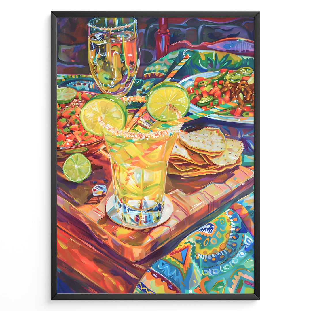 Colorful margarita cocktail poster with lime garnish, nachos, and Mexican food on a bright patterned tablecloth, perfect for lively kitchen, dining, or bar wall décor.