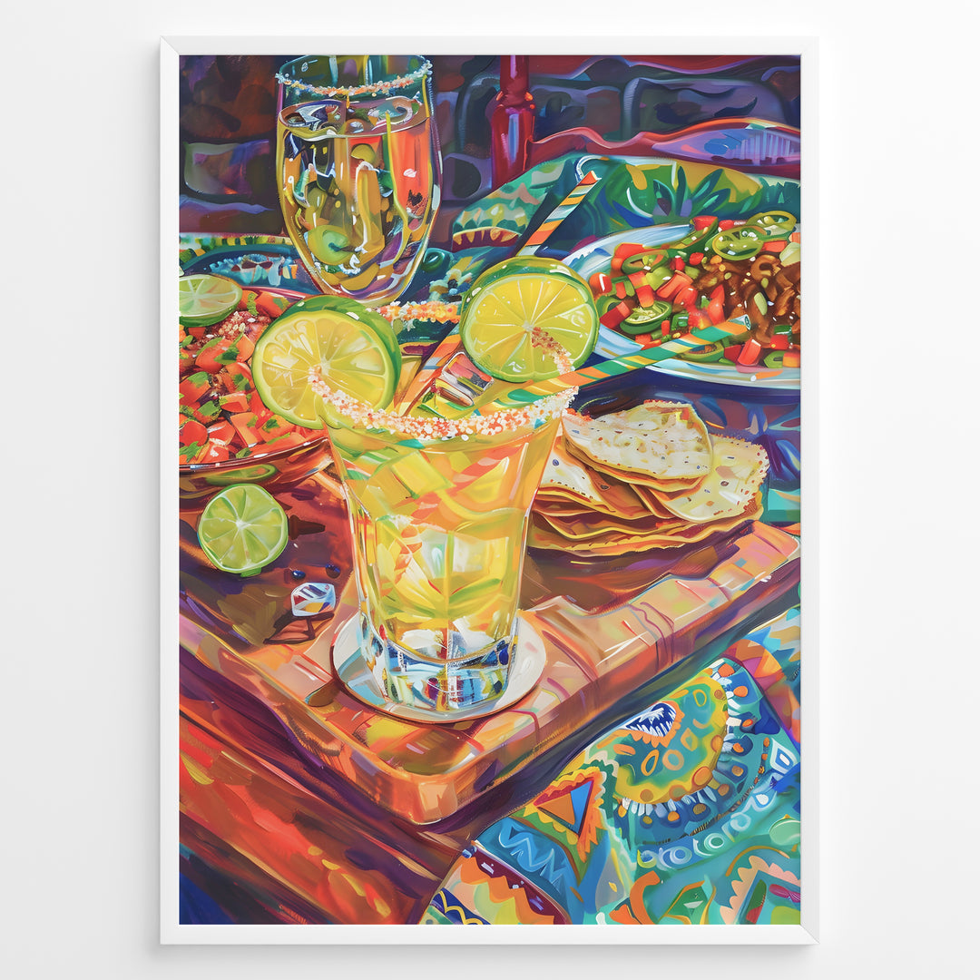 Colorful margarita cocktail poster with lime garnish, nachos, and Mexican food on a bright patterned tablecloth, perfect for lively kitchen, dining, or bar wall décor.