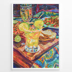 Ladda upp bild till gallerivisning, Colorful margarita cocktail poster with lime garnish, nachos, and Mexican food on a bright patterned tablecloth, perfect for lively kitchen, dining, or bar wall décor.
