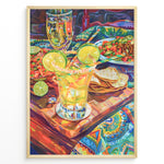 Ladda upp bild till gallerivisning, Colorful margarita cocktail poster with lime garnish, nachos, and Mexican food on a bright patterned tablecloth, perfect for lively kitchen, dining, or bar wall décor.
