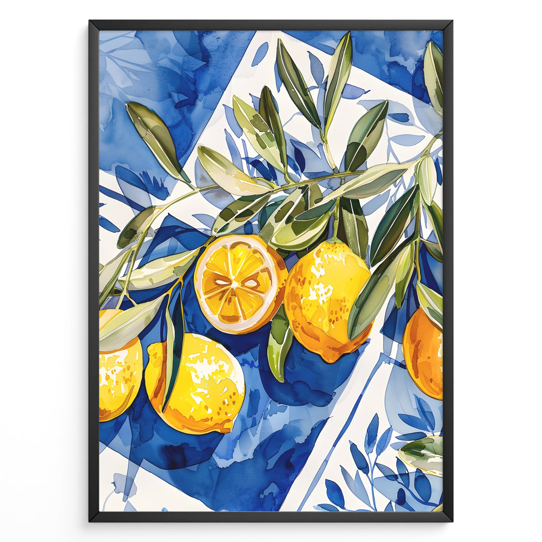 Mediterranean lemon wall art with yellow lemons and olive leaves on blue and white tile background, framed in black, ideal for kitchen or dining room décor.