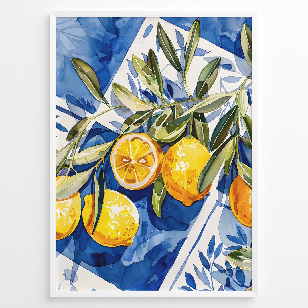 Mediterranean lemon wall art with yellow lemons and olive leaves on blue and white tile background, framed in black, ideal for kitchen or dining room décor.