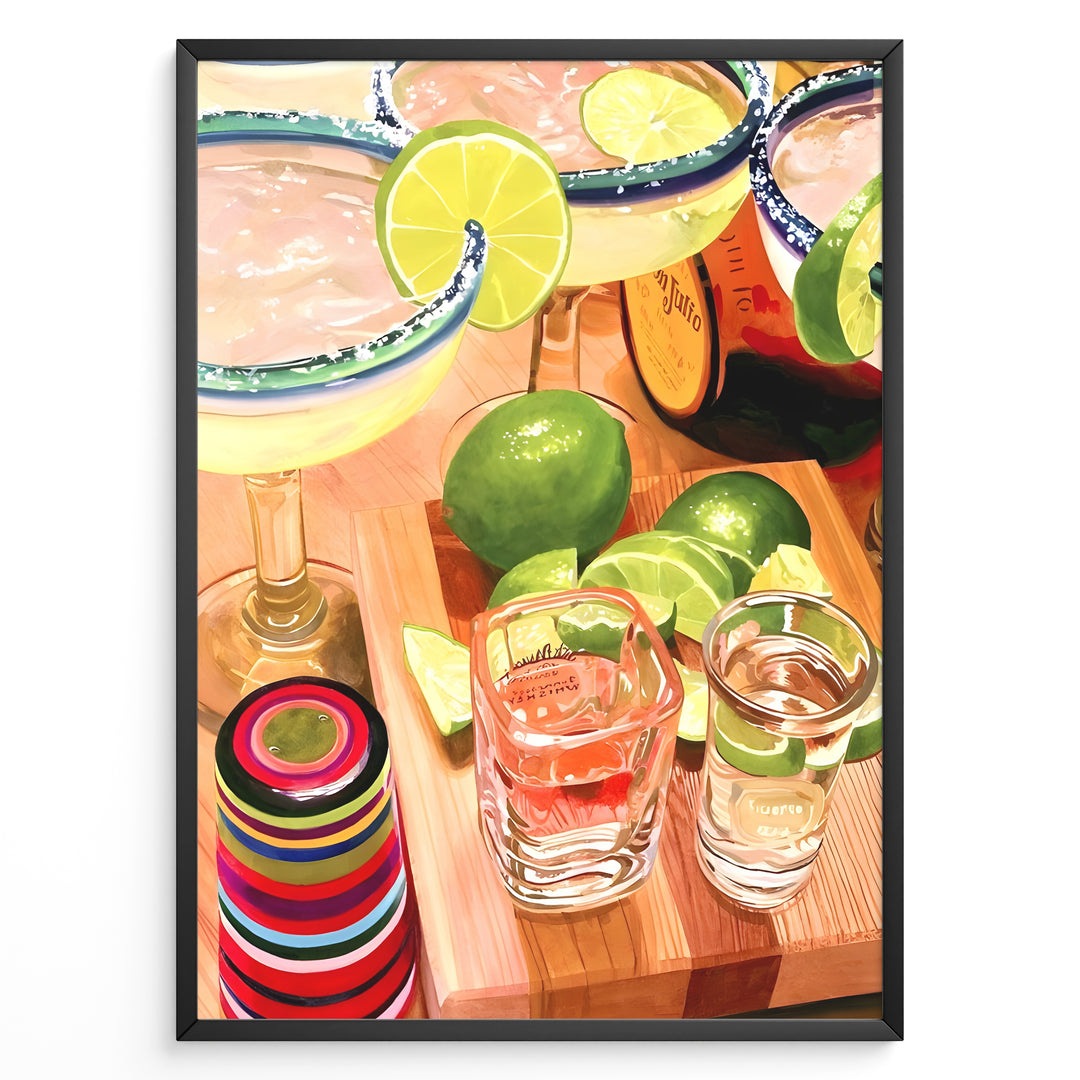 Colorful margarita cocktail poster with lime slices, tequila shots, and vibrant bar accessories on a wooden counter, ideal for kitchen or home bar wall décor.