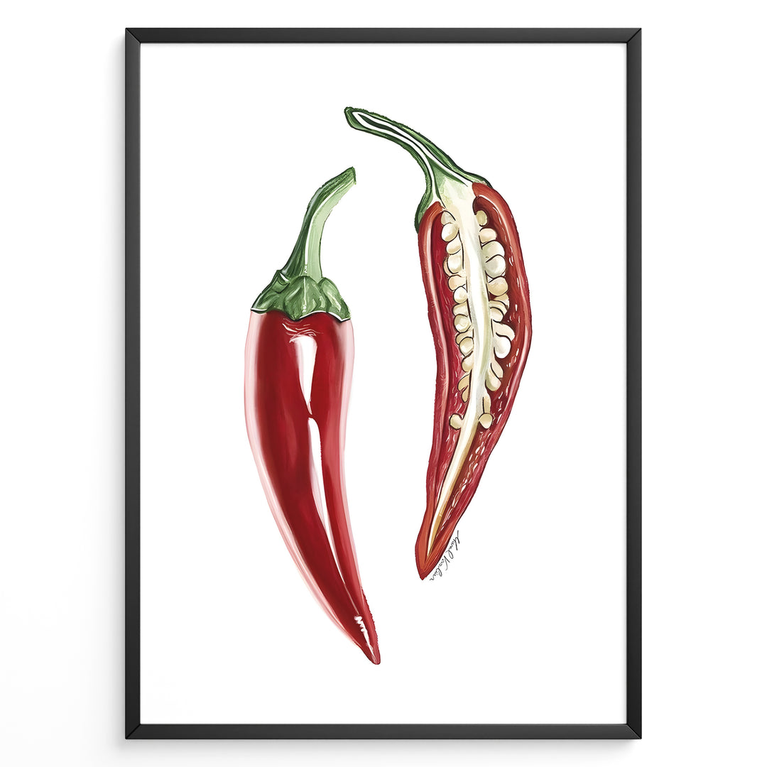 Minimalist red chili pepper plakat illustration showing whole and sliced chili with seeds, framed in black, ideal for modern kitchen or dining room wall art.