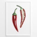 Ladda upp bild till gallerivisning, Minimalist red chili pepper plakat illustration showing whole and sliced chili with seeds, framed in black, ideal for modern kitchen or dining room wall art.
