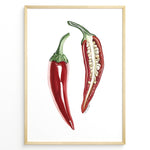 Ladda upp bild till gallerivisning, Minimalist red chili pepper plakat illustration showing whole and sliced chili with seeds, framed in black, ideal for modern kitchen or dining room wall art.
