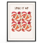 Ladda upp bild till gallerivisning, Colorful “Spice It Up” kitchen wall art  plakatwith illustrated chili peppers, carrots, and bell peppers, framed in black, ideal for modern kitchen or dining room décor.
