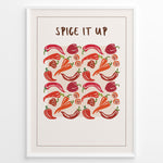 Ladda upp bild till gallerivisning, Colorful “Spice It Up” kitchen wall art  plakatwith illustrated chili peppers, carrots, and bell peppers, framed in black, ideal for modern kitchen or dining room décor.
