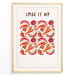 Ladda upp bild till gallerivisning, Colorful “Spice It Up” kitchen wall art  plakatwith illustrated chili peppers, carrots, and bell peppers, framed in black, ideal for modern kitchen or dining room décor.
