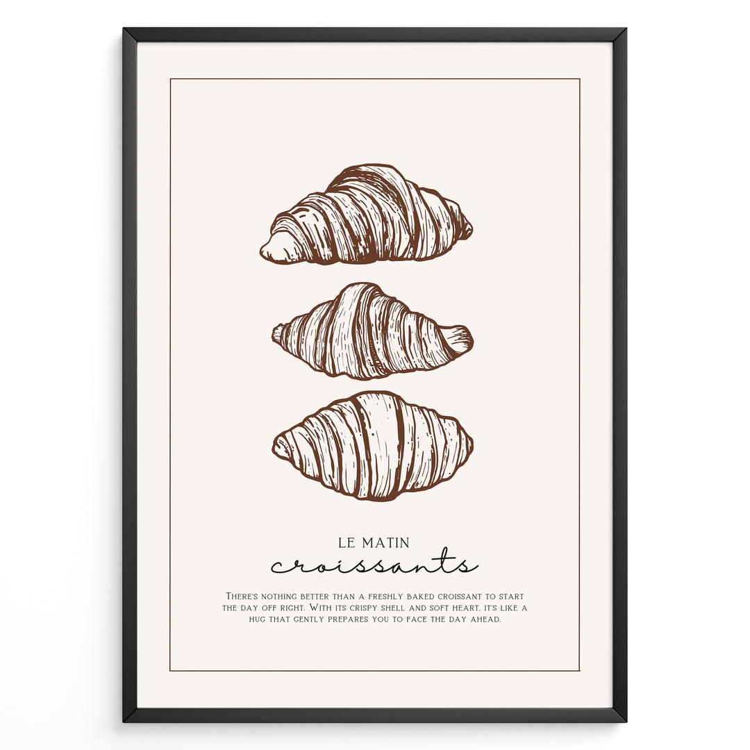 Minimalist French croissant plakat illustration with “Le Matin Croissants” text, framed in black, ideal for bakery, kitchen, or café wall décor.