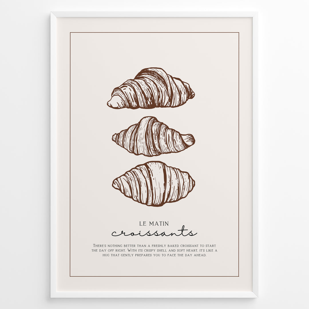 Minimalist French croissant plakat illustration with “Le Matin Croissants” text, framed in black, ideal for bakery, kitchen, or café wall décor.