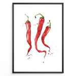 Ladda upp bild till gallerivisning, Watercolor plakat illustration of three red chili peppers with green stems and paint splatters, framed in black, ideal for modern kitchen or dining room décor.
