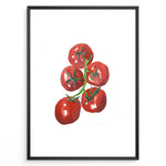 Ladda upp bild till gallerivisning, Watercolor illustration of ripe red tomatoes on a vine with green stems, framed in black, ideal for adding a fresh and modern touch to kitchen or dining room décor.
