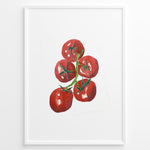Ladda upp bild till gallerivisning, Watercolor illustration of ripe red tomatoes on a vine with green stems, framed in black, ideal for adding a fresh and modern touch to kitchen or dining room décor.
