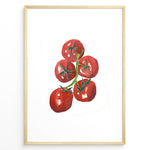 Ladda upp bild till gallerivisning, Watercolor illustration of ripe red tomatoes on a vine with green stems, framed in black, ideal for adding a fresh and modern touch to kitchen or dining room décor.
