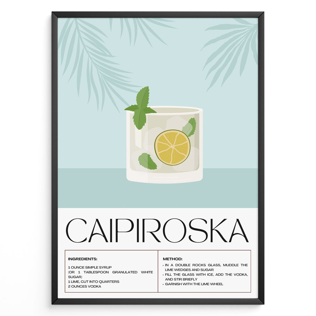 Minimalist Caipiroska cocktail recipe poster with a lime and mint drink illustration on a blue background, framed in black, ideal for kitchen or home bar wall décor.