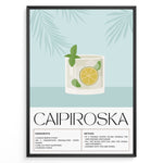 Ladda upp bild till gallerivisning, Minimalist Caipiroska cocktail recipe poster with a lime and mint drink illustration on a blue background, framed in black, ideal for kitchen or home bar wall décor.
