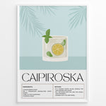 Ladda upp bild till gallerivisning, Minimalist Caipiroska cocktail recipe poster with a lime and mint drink illustration on a blue background, framed in black, ideal for kitchen or home bar wall décor.
