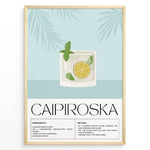 Ladda upp bild till gallerivisning, Minimalist Caipiroska cocktail recipe poster with a lime and mint drink illustration on a blue background, framed in black, ideal for kitchen or home bar wall décor.
