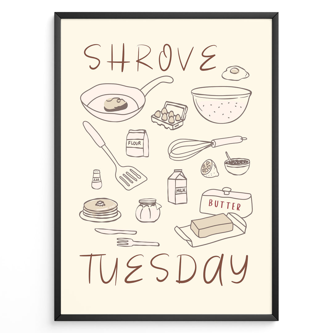 Minimalist Shrove Tuesday poster with illustrated kitchen ingredients like pancakes, eggs, flour, and butter, framed in black, ideal for cozy kitchen or café wall décor.