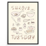 Ladda upp bild till gallerivisning, Minimalist Shrove Tuesday poster with illustrated kitchen ingredients like pancakes, eggs, flour, and butter, framed in black, ideal for cozy kitchen or café wall décor.
