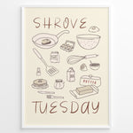 Ladda upp bild till gallerivisning, Minimalist Shrove Tuesday poster with illustrated kitchen ingredients like pancakes, eggs, flour, and butter, framed in black, ideal for cozy kitchen or café wall décor.
