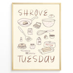 Ladda upp bild till gallerivisning, Minimalist Shrove Tuesday poster with illustrated kitchen ingredients like pancakes, eggs, flour, and butter, framed in black, ideal for cozy kitchen or café wall décor.
