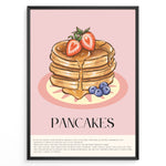 Ladda upp bild till gallerivisning, Illustrated pancakes wall art with syrup, strawberries, and blueberries on a pink background, framed in black, ideal for kitchen or breakfast nook decoration.
