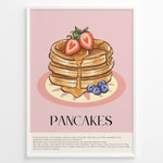 Ladda upp bild till gallerivisning, Illustrated pancakes wall art with syrup, strawberries, and blueberries on a pink background, framed in black, ideal for kitchen or breakfast nook decoration.
