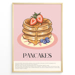 Ladda upp bild till gallerivisning, Illustrated pancakes wall art with syrup, strawberries, and blueberries on a pink background, framed in black, ideal for kitchen or breakfast nook decoration.
