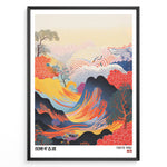 Ladda upp bild till gallerivisning, Vibrant Japanese abstract landscape with colorful waves, mountains, and dotted patterns in a framed poster.
