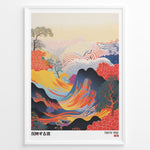 Ladda upp bild till gallerivisning, Vibrant Japanese abstract landscape with colorful waves, mountains, and dotted patterns in a framed poster.
