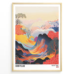 Ladda upp bild till gallerivisning, Vibrant Japanese abstract landscape with colorful waves, mountains, and dotted patterns in a framed poster.
