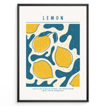 Ladda upp bild till gallerivisning, Modern lemon art print plakat with yellow lemons and teal abstract shapes, text reading “Life is like a box of citrus – you never know what you’re gonna get,” framed in black.
