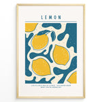 Ladda upp bild till gallerivisning, Modern lemon art print plakat with yellow lemons and teal abstract shapes, text reading “Life is like a box of citrus – you never know what you’re gonna get,” framed in golden.
