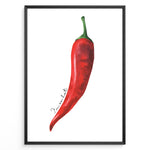 Ladda upp bild till gallerivisning, Watercolor red chili pepper wall art with handwritten text “I’m so hot,” minimalist kitchen décor framed in black for modern or rustic cooking spaces.
