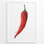 Ladda upp bild till gallerivisning, Watercolor red chili pepper wall art with handwritten text “I’m so hot,” minimalist kitchen décor framed in black for modern or rustic cooking spaces.
