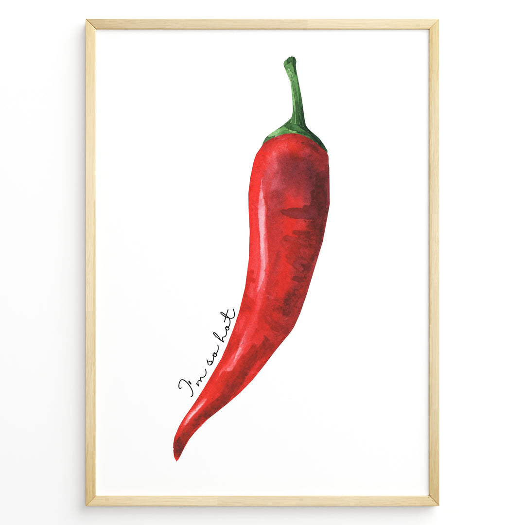 Watercolor red chili pepper wall art with handwritten text “I’m so hot,” minimalist kitchen décor framed in black for modern or rustic cooking spaces.