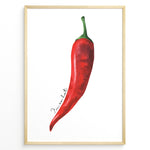 Ladda upp bild till gallerivisning, Watercolor red chili pepper wall art with handwritten text “I’m so hot,” minimalist kitchen décor framed in black for modern or rustic cooking spaces.
