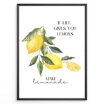 Ladda upp bild till gallerivisning, Watercolor lemon branch wall art with the quote “If life gives you lemons, make lemonade,” framed in black, ideal for uplifting kitchen or café décor.

