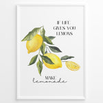 Ladda upp bild till gallerivisning, Watercolor lemon branch wall art with the quote “If life gives you lemons, make lemonade,” framed in black, ideal for uplifting kitchen or café décor.
