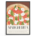 Ladda upp bild till gallerivisning, Watercolor Margherita pizza wall art with tomatoes, mozzarella, and basil on a brown background, framed in black, ideal for Italian kitchen or restaurant decoration.
