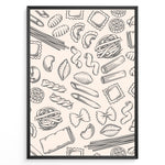 Ladda upp bild till gallerivisning, Minimalist pasta pattern wall art with hand-drawn line illustrations of penne, ravioli, fusilli, and spaghetti on a beige background, framed in black for modern kitchen décor.

