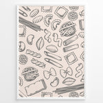 Ladda upp bild till gallerivisning, Minimalist pasta pattern wall art with hand-drawn line illustrations of penne, ravioli, fusilli, and spaghetti on a beige background, framed in black for modern kitchen décor.
