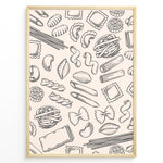 Ladda upp bild till gallerivisning, Minimalist pasta pattern wall art with hand-drawn line illustrations of penne, ravioli, fusilli, and spaghetti on a beige background, framed in black for modern kitchen décor.
