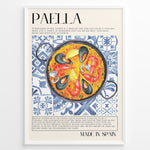 Ladda upp bild till gallerivisning, Watercolor paella wall art showing seafood, rice, and mussels on blue patterned tiles, framed in black, ideal for Spanish kitchen or restaurant wall decoration.

